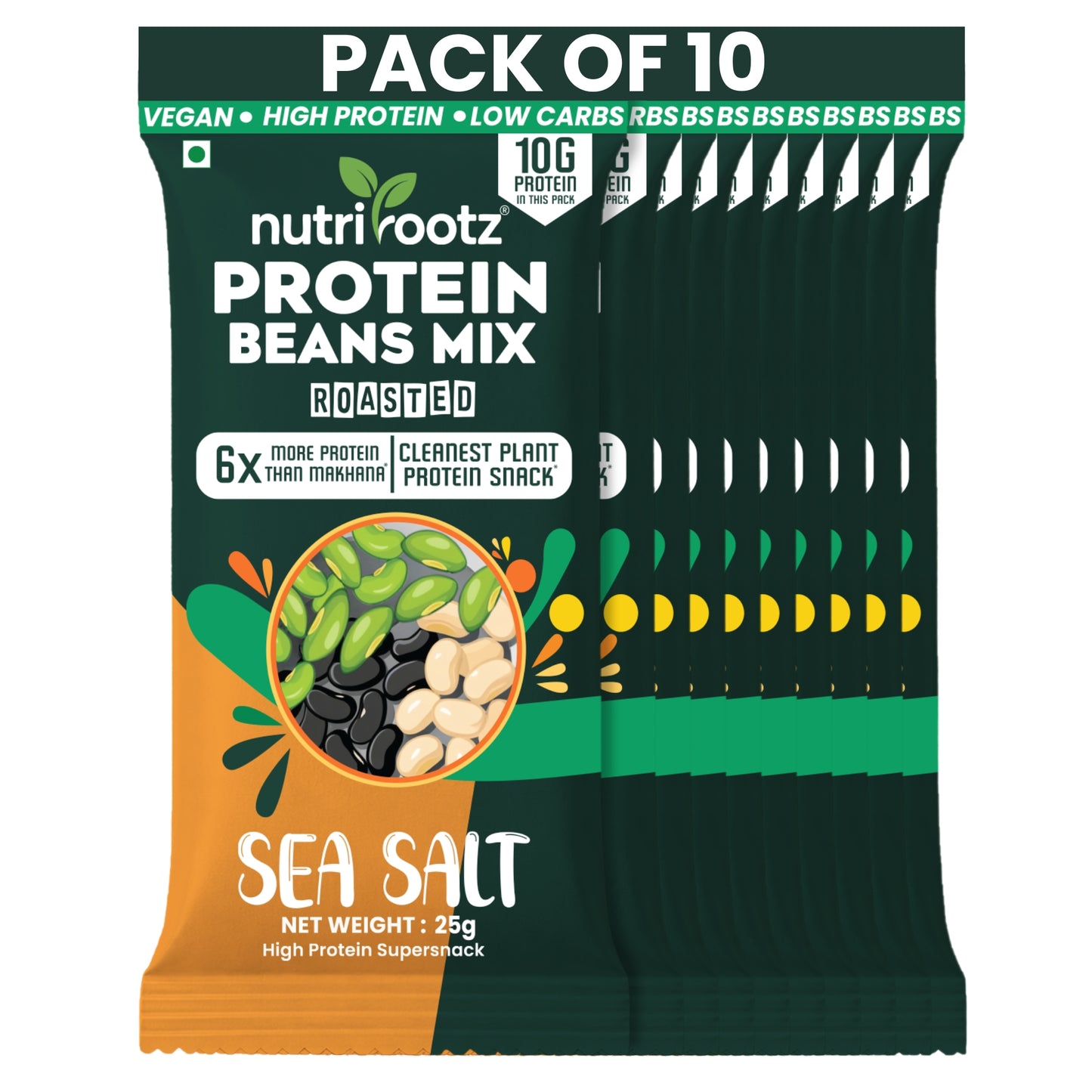 Nutrirootz Protein Beans Mix - Sea Salt | 10g Protein per pack 25g | High Protein Super Snack | Keto Friendly | Gluten Free | Rich in Fiber & Omega-3