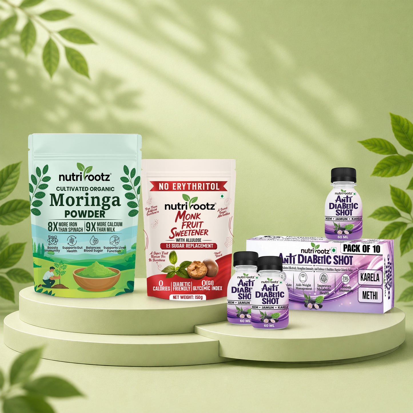 Nutrirootz Sugar Free Lifestyle Kit | Monk Fruit Sweetener Without Erythritol, Moringa & Anti Diabetic Shot