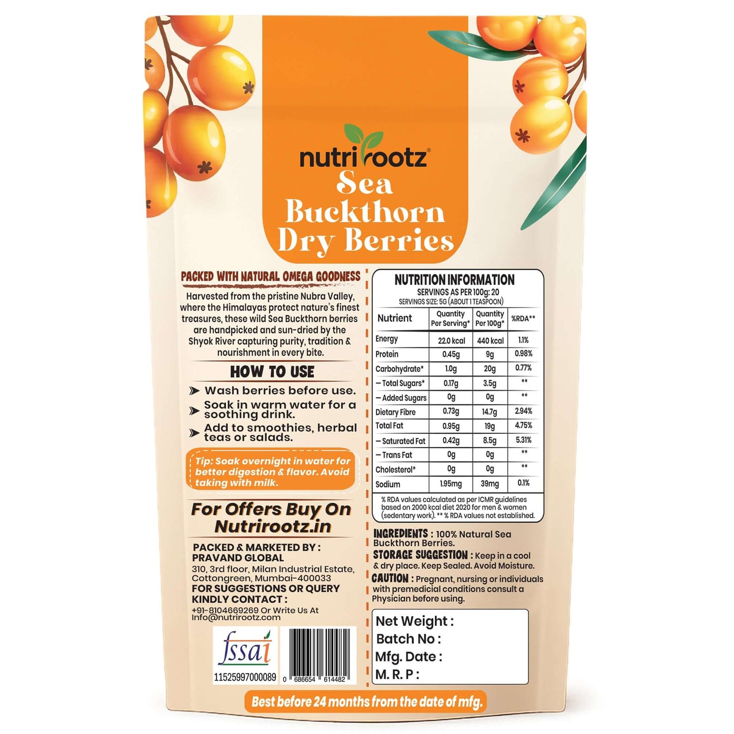 Nutrirootz Sea Buckthorn Berries (Dried Sea buckthorn Berries ) - 100gms