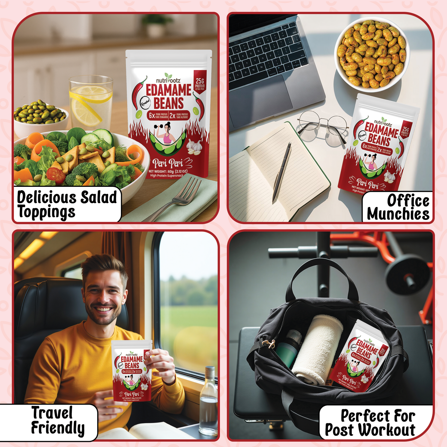 Nutrirootz Roasted Edamame Beans - Peri Peri Flavor | 25g Protein | 60g Pack | High Protein Snack