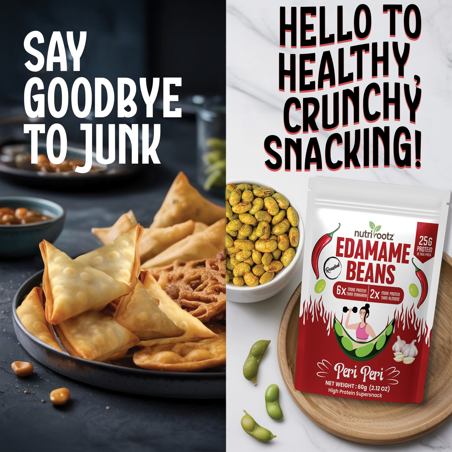 Nutrirootz Roasted Edamame Beans - Peri Peri Flavor | 25g Protein | 60g Pack | High Protein Snack