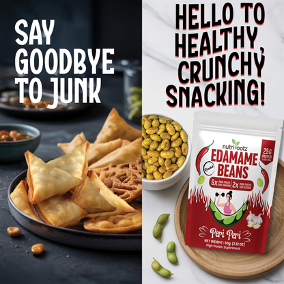 Nutrirootz Roasted Edamame Beans - Peri Peri Flavor | 25g Protein | 60g Pack | High Protein Snack