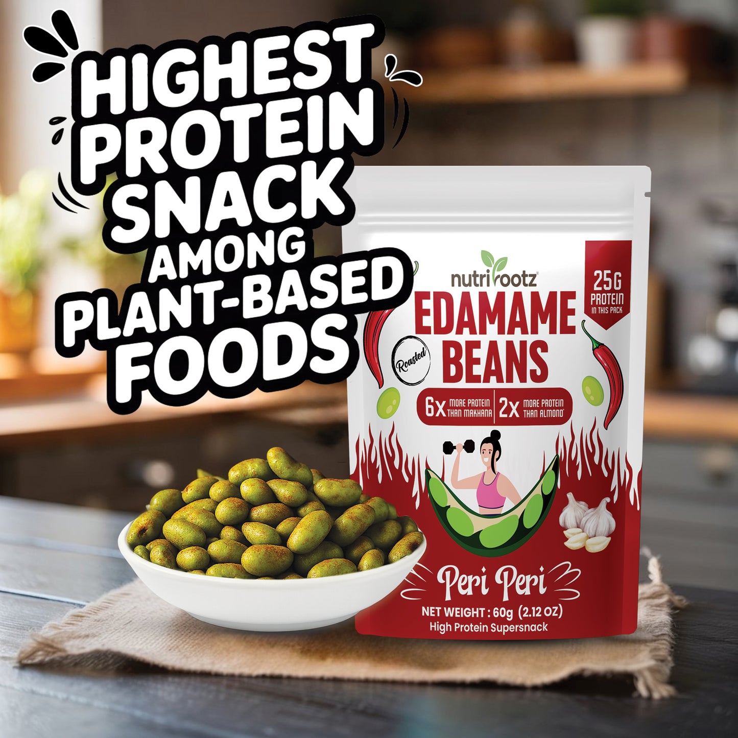 Nutrirootz Roasted Edamame Beans - Peri Peri Flavor | 25g Protein | 60g Pack | High Protein Snack