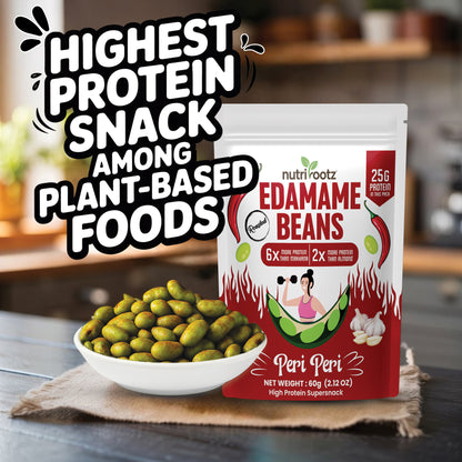 Nutrirootz Roasted Edamame Beans - Peri Peri Flavor | 25g Protein | 60g Pack | High Protein Snack