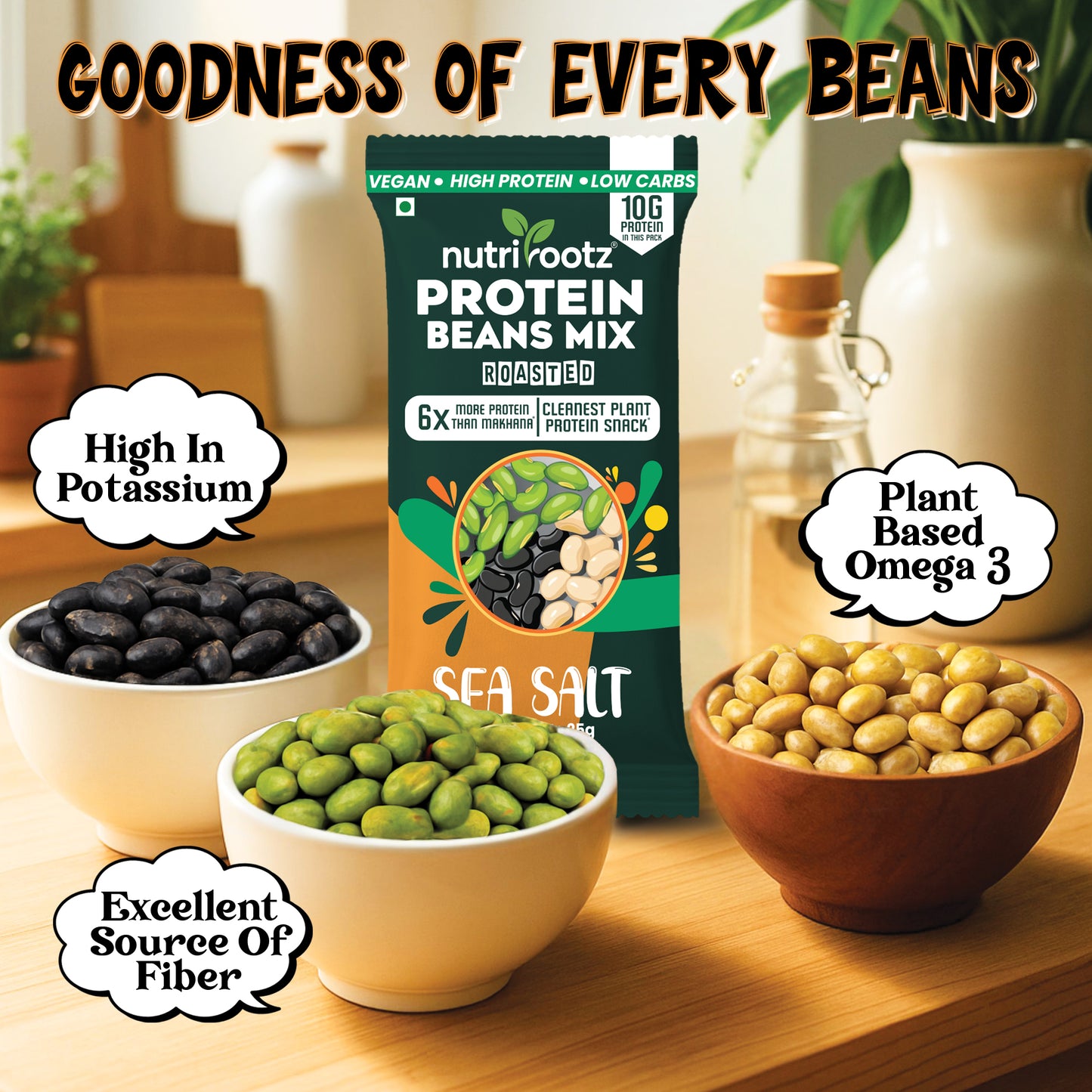 Nutrirootz Protein Beans Mix - Sea Salt | 10g Protein per pack 25g | Pack of 5 & 10 | High Protein Super Snack | Keto Friendly | Gluten Free | Rich in Fiber & Omega-3