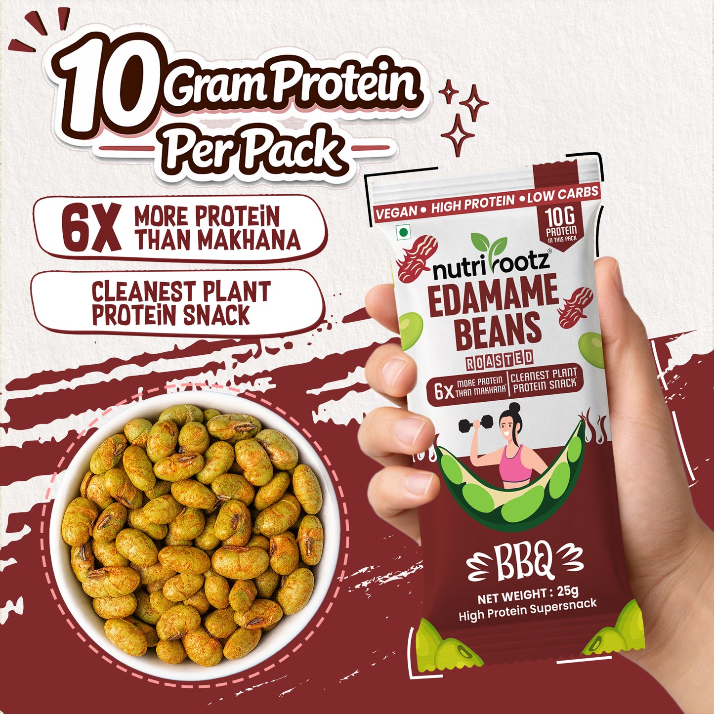Nutrirootz Roasted Edamame Beans BBQ | 10g Protein per pack 25g | High Protein Snack | Keto, Vegan & Gluten Free