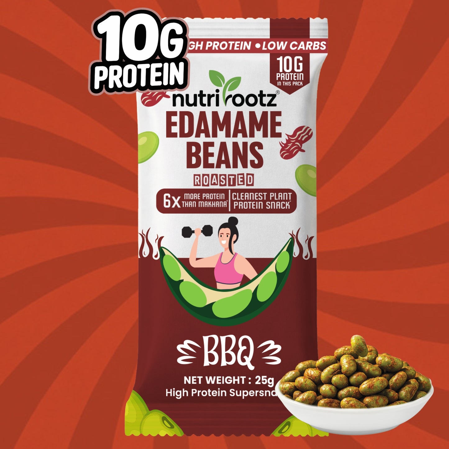 Nutrirootz Roasted Edamame Beans BBQ | 10g Protein per pack 25g | High Protein Snack | Keto, Vegan & Gluten Free