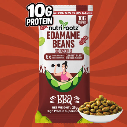 Nutrirootz Roasted Edamame Beans BBQ | 10g Protein per pack 25g | High Protein Snack | Keto, Vegan & Gluten Free