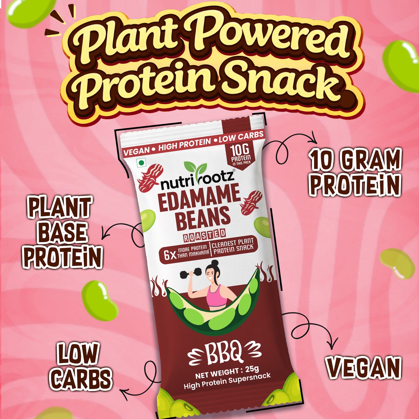Nutrirootz Roasted Edamame Beans BBQ | 10g Protein per pack 25g | High Protein Snack | Keto, Vegan & Gluten Free