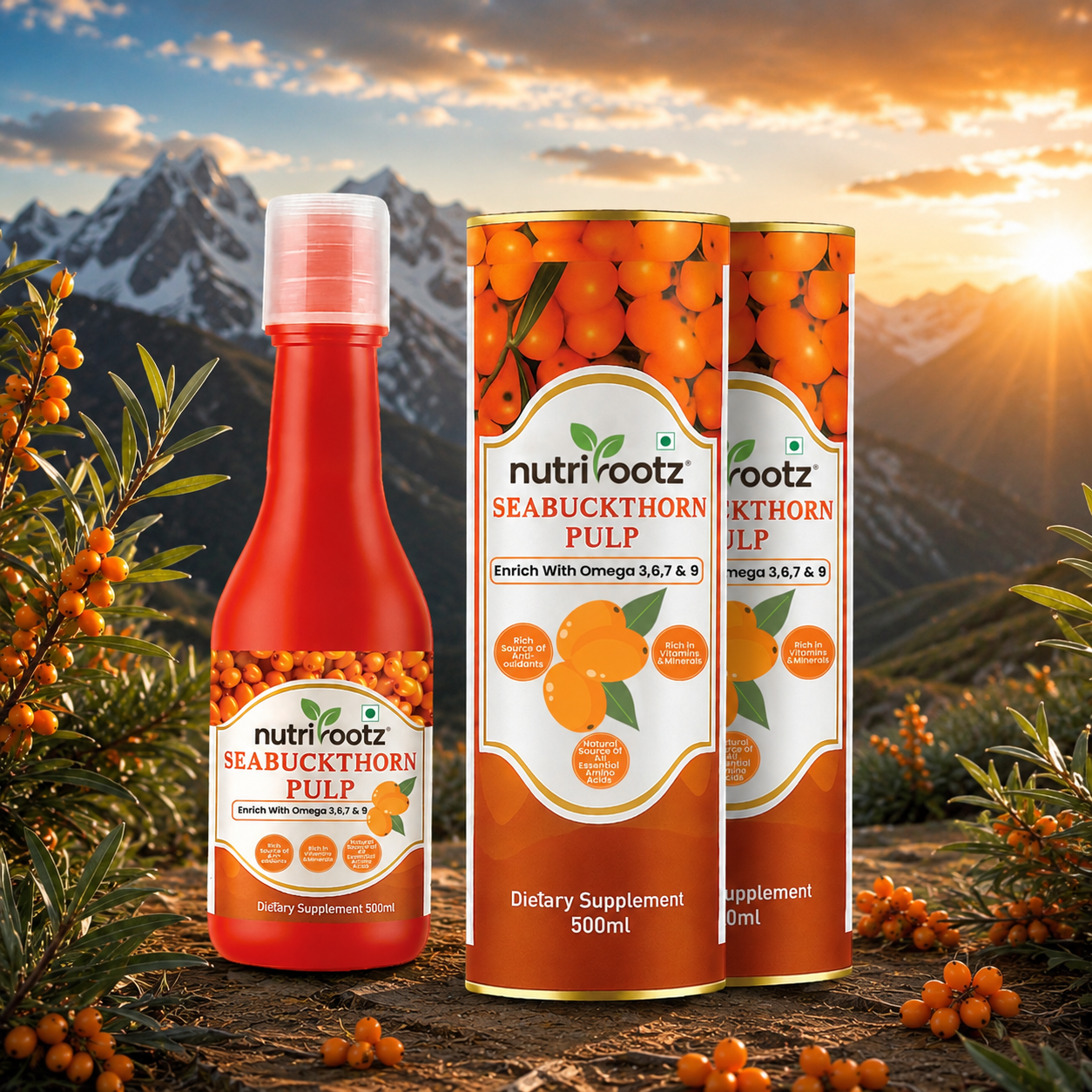 Nutrirootz Sea Buckthorn Pulp 500ml - Rich in Omega 3,6,7,9 & Vitamin C | No Sugar | No Preservatives