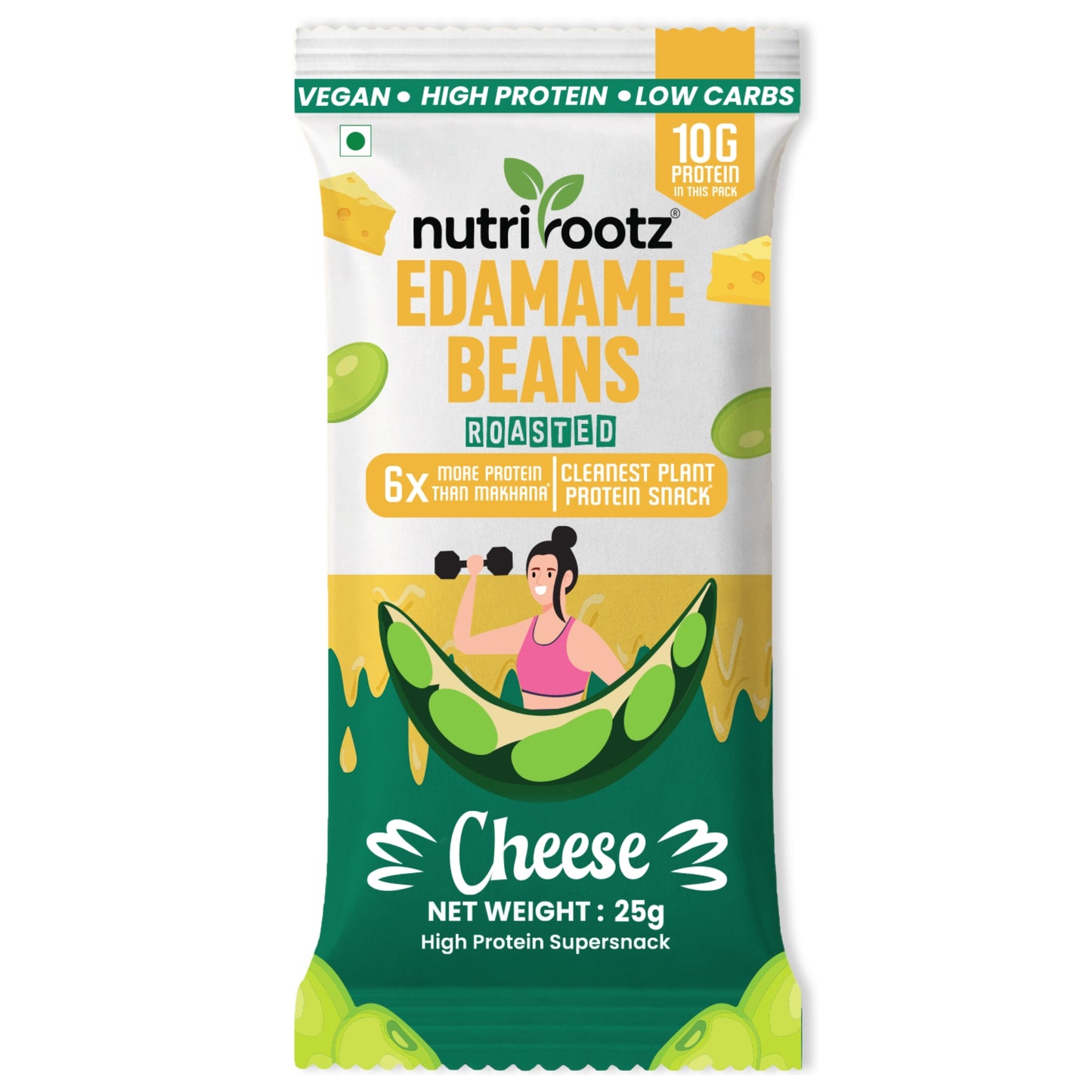 Nutrirootz Roasted Edamame Beans Cheese | 10g Protein per pack 25g | Pack of 5 & 10 | High Protein Snack | Keto, Vegan & Gluten Free