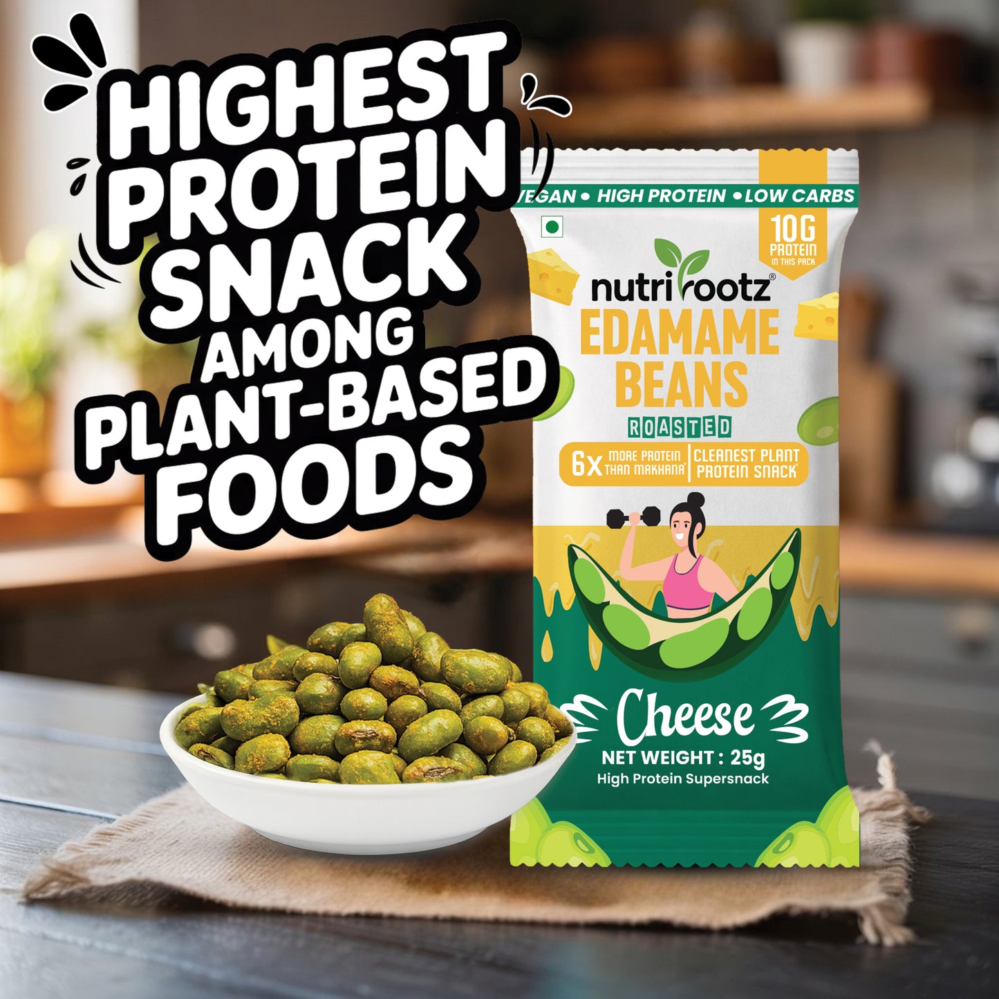 Nutrirootz Roasted Edamame Beans Cheese | 10g Protein per pack 25g | Pack of 5 & 10 | High Protein Snack | Keto, Vegan & Gluten Free