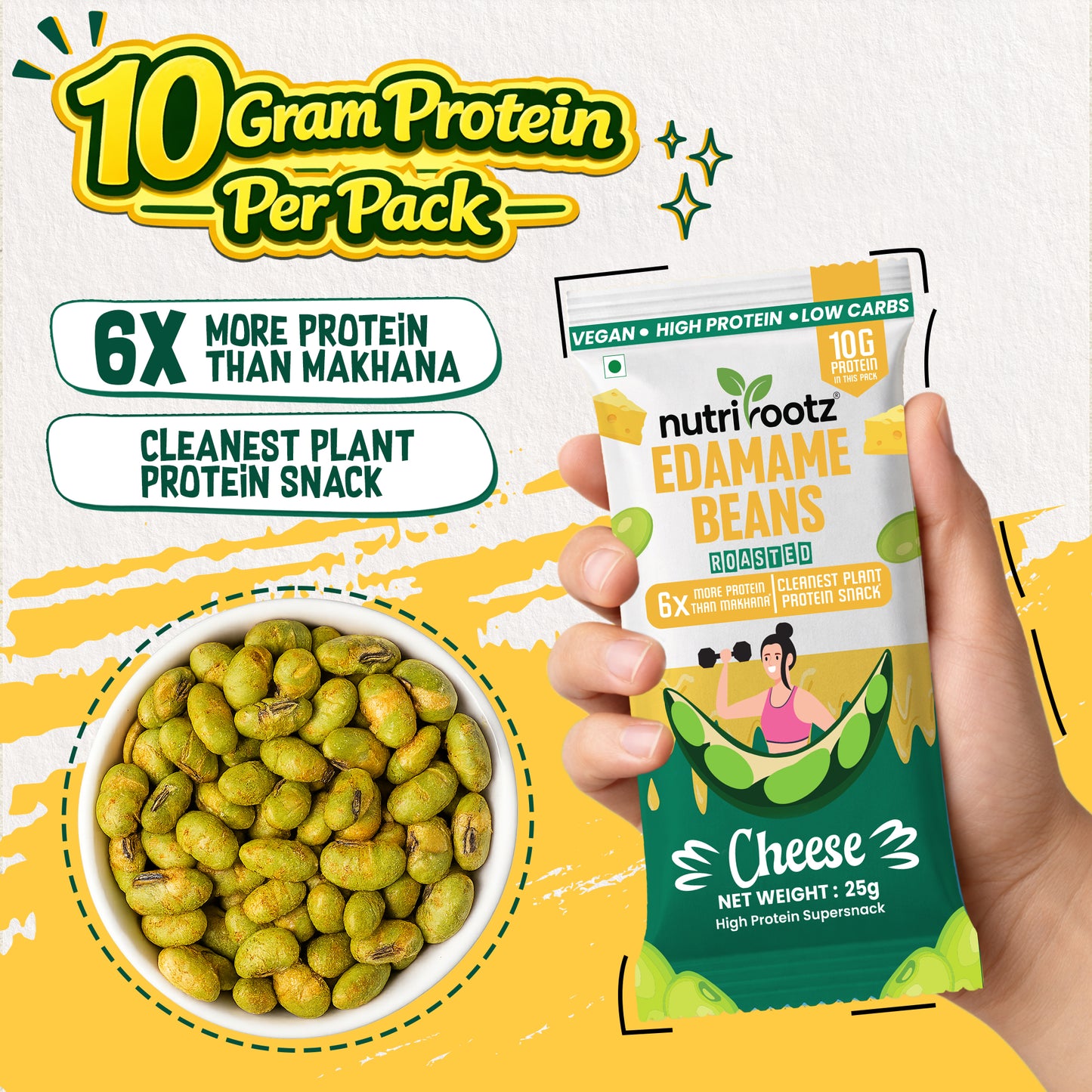 Nutrirootz Roasted Edamame Beans Cheese | 10g Protein per pack 25g | Pack of 5 & 10 | High Protein Snack | Keto, Vegan & Gluten Free