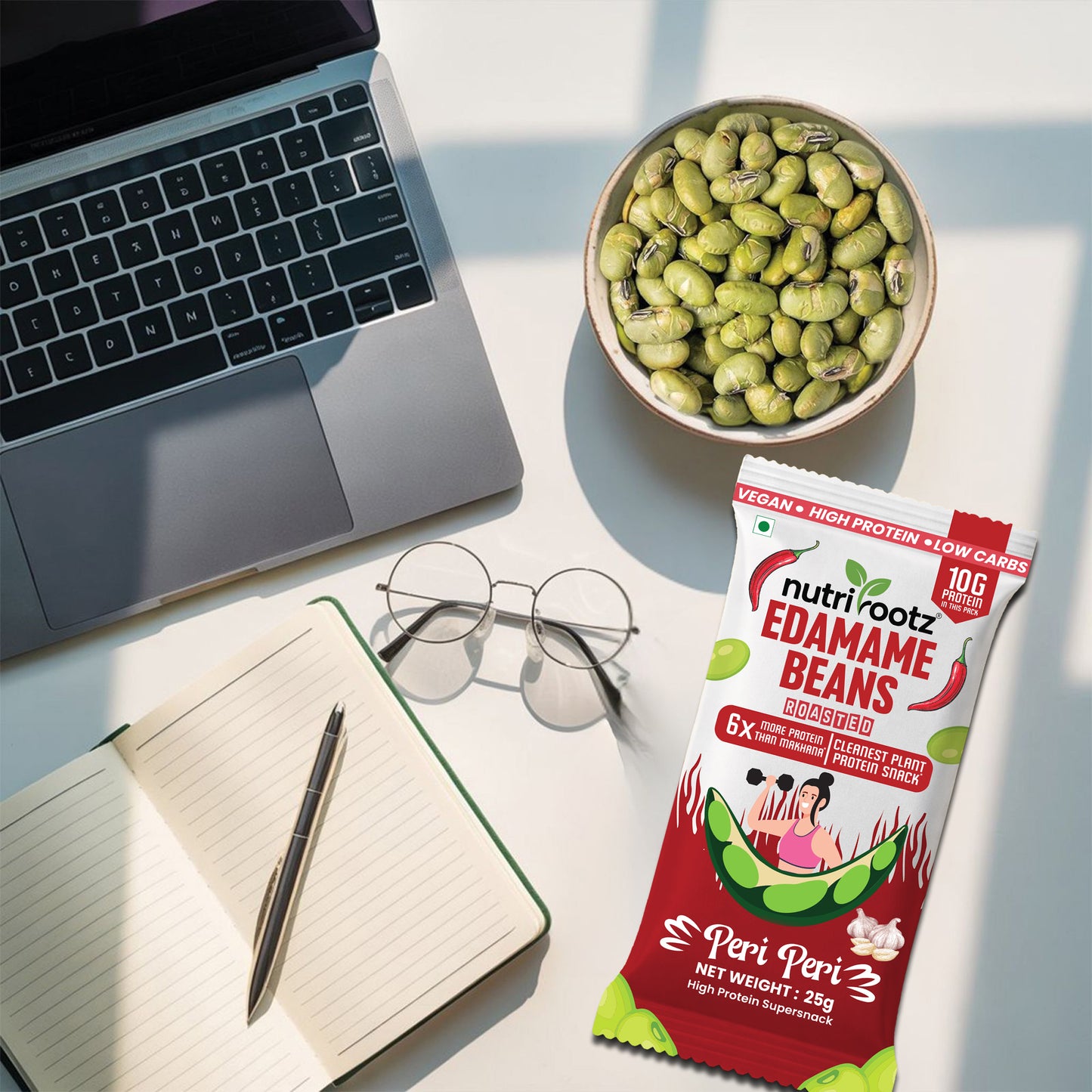 Nutrirootz Roasted Edamame Beans Peri Peri | 10g Protein per pack 25g | High Protein Snack | Keto, Vegan & Gluten Free
