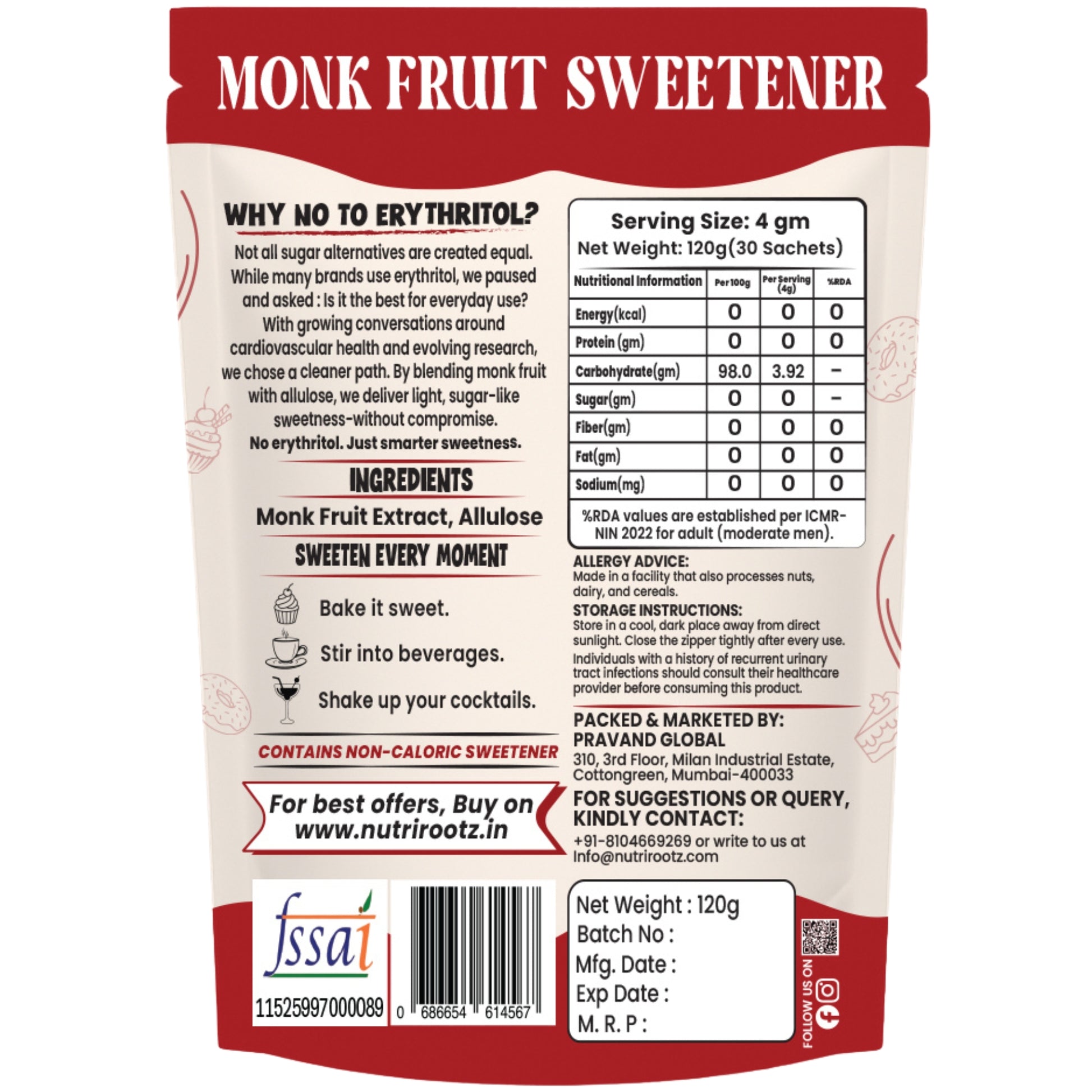 nutrirootz Monk Fruit Sweetener without erythritol sachets, showing product details, ingredients, serving size, nutrition facts