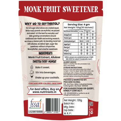 nutrirootz Monk Fruit Sweetener without erythritol sachets, showing product details, ingredients, serving size, nutrition facts