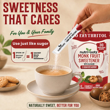 A hand with red nail polish holds a single sachet of nutrirootz Monk Fruit Sweetener without erythritol sachets above a cup of tea. The product packaging is shown alongside a graphic callout comparing one spoon of normal sugar to one sachet of the sweetener, with cookies and nuts placed around the cup on a light beige tabletop.