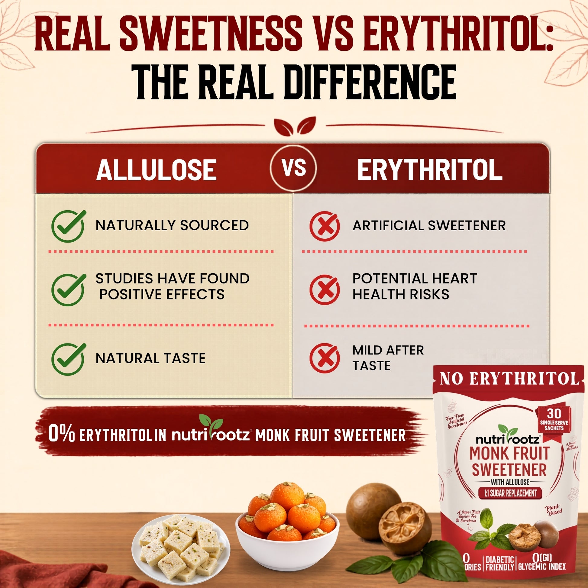 REAL SWEETNESS VS ERYTHITOL: THE REAL DIFFERENCE' comparing allulose and erythritol benefits, nutrirootz Monk Fruit Sweetener without erythritol sachets