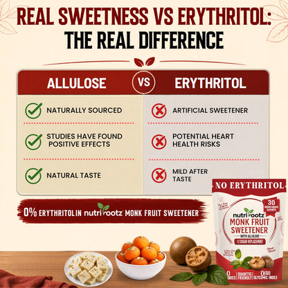 REAL SWEETNESS VS ERYTHITOL: THE REAL DIFFERENCE' comparing allulose and erythritol benefits, nutrirootz Monk Fruit Sweetener without erythritol sachets