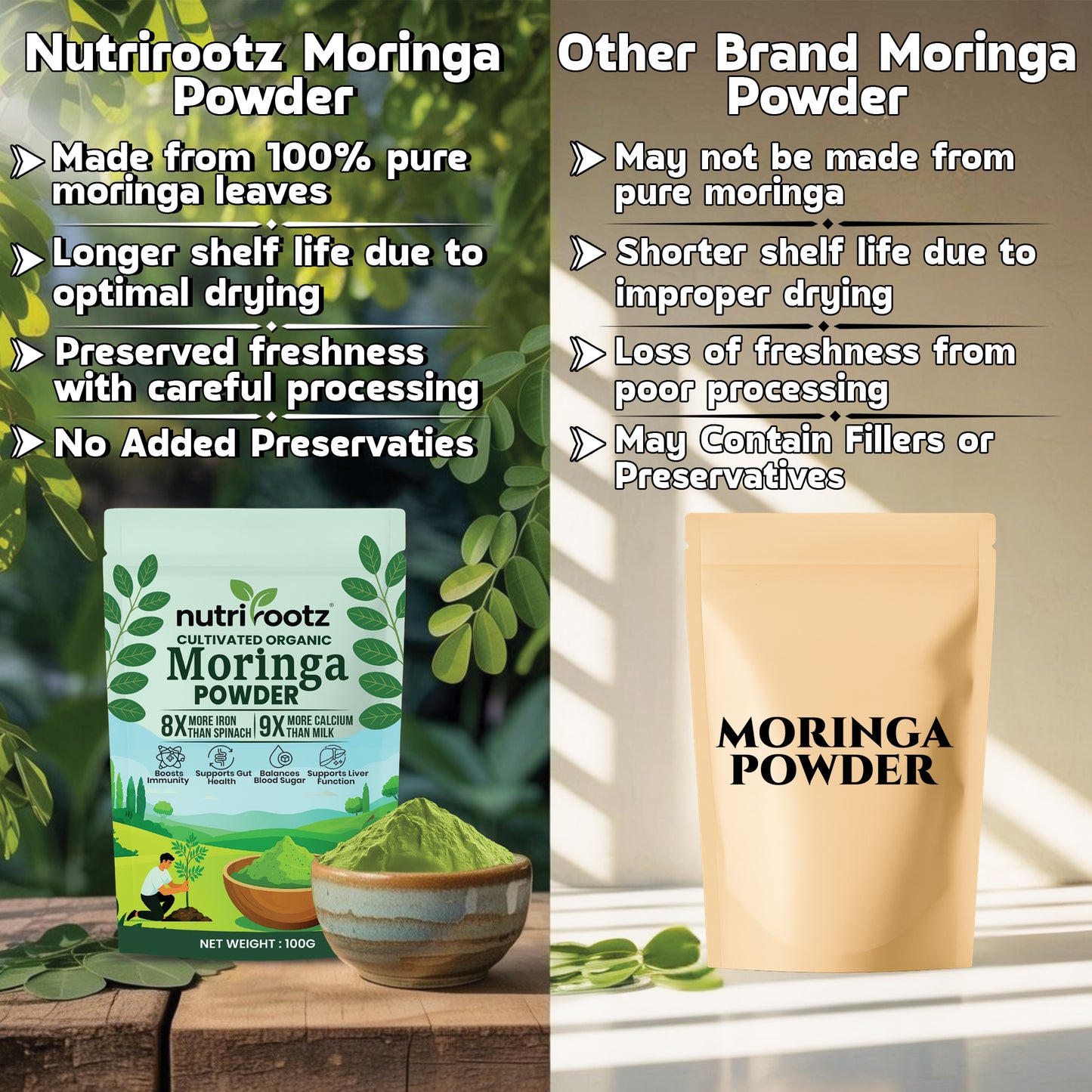 NUTRIROOTZ Organic Moringa Powder 100g | Drumstick Leaves Powder | Rich in Vitamins | Superfood For Immunity, Digestion & Energy | Helps With Hair & Skin