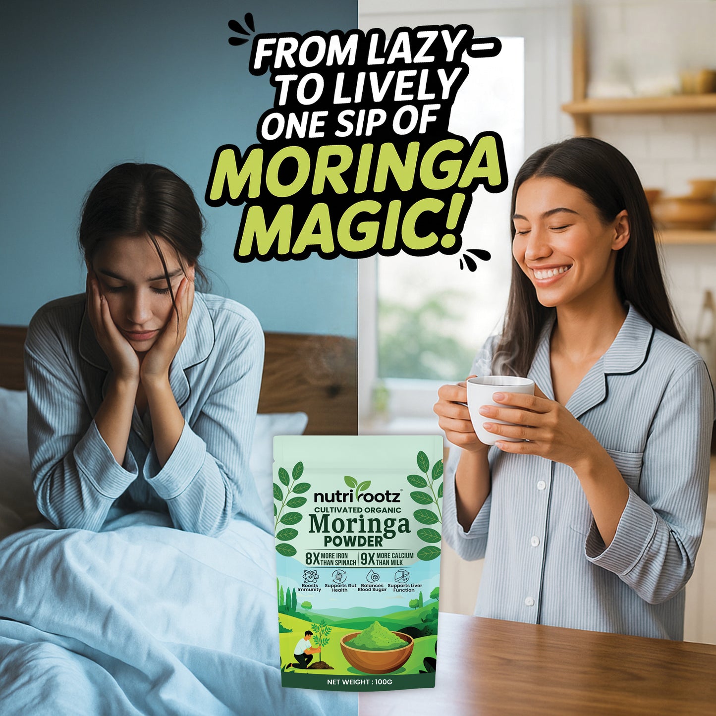 NUTRIROOTZ Organic Moringa Powder 100g | Drumstick Leaves Powder | Rich in Vitamins | Superfood For Immunity, Digestion & Energy | Helps With Hair & Skin