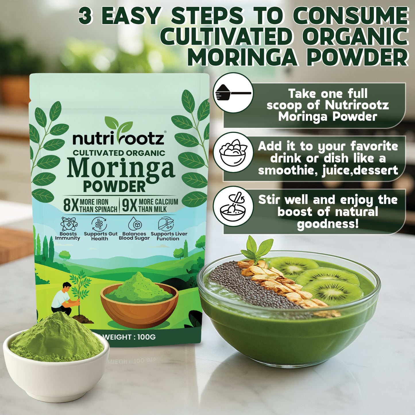 NUTRIROOTZ Organic Moringa Powder 100g | Drumstick Leaves Powder | Rich in Vitamins | Superfood For Immunity, Digestion & Energy | Helps With Hair & Skin