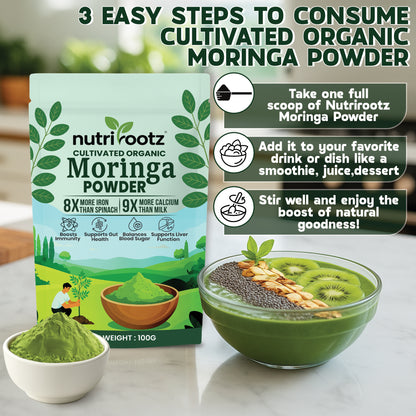NUTRIROOTZ Organic Moringa Powder 100g | Drumstick Leaves Powder | Rich in Vitamins | Superfood For Immunity, Digestion & Energy | Helps With Hair & Skin