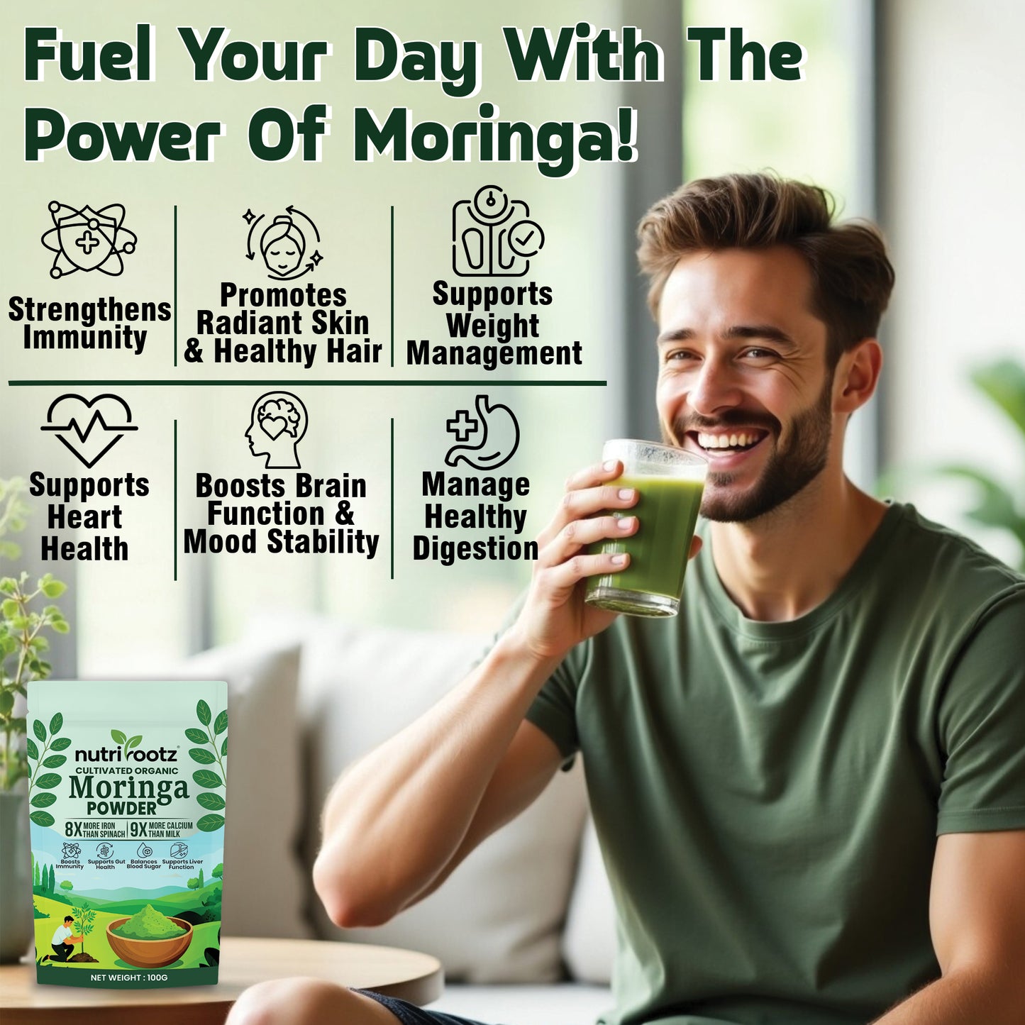 NUTRIROOTZ Organic Moringa Powder 100g | Drumstick Leaves Powder | Rich in Vitamins | Superfood For Immunity, Digestion & Energy | Helps With Hair & Skin