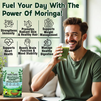 NUTRIROOTZ Organic Moringa Powder 100g | Drumstick Leaves Powder | Rich in Vitamins | Superfood For Immunity, Digestion & Energy | Helps With Hair & Skin