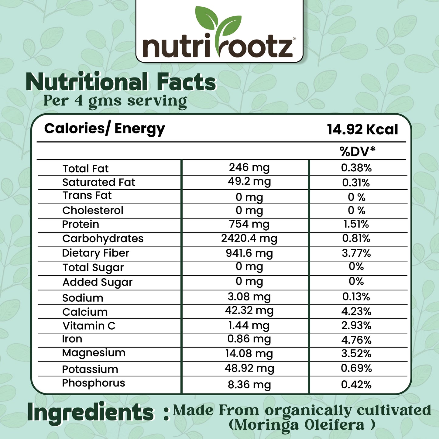 NUTRIROOTZ Organic Moringa Powder 100g | Drumstick Leaves Powder | Rich in Vitamins | Superfood For Immunity, Digestion & Energy | Helps With Hair & Skin
