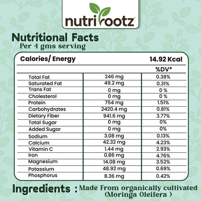 NUTRIROOTZ Organic Moringa Powder 100g | Drumstick Leaves Powder | Rich in Vitamins | Superfood For Immunity, Digestion & Energy | Helps With Hair & Skin