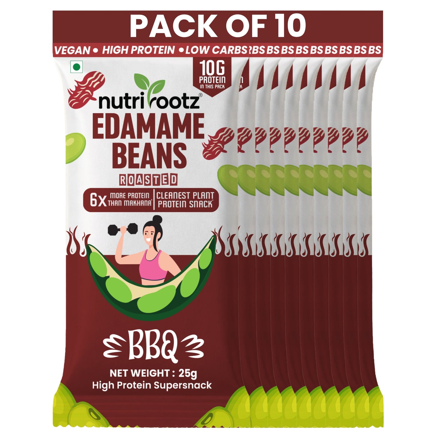 Nutrirootz Roasted Edamame Beans BBQ | 10g Protein per pack 25g | High Protein Snack | Keto, Vegan & Gluten Free