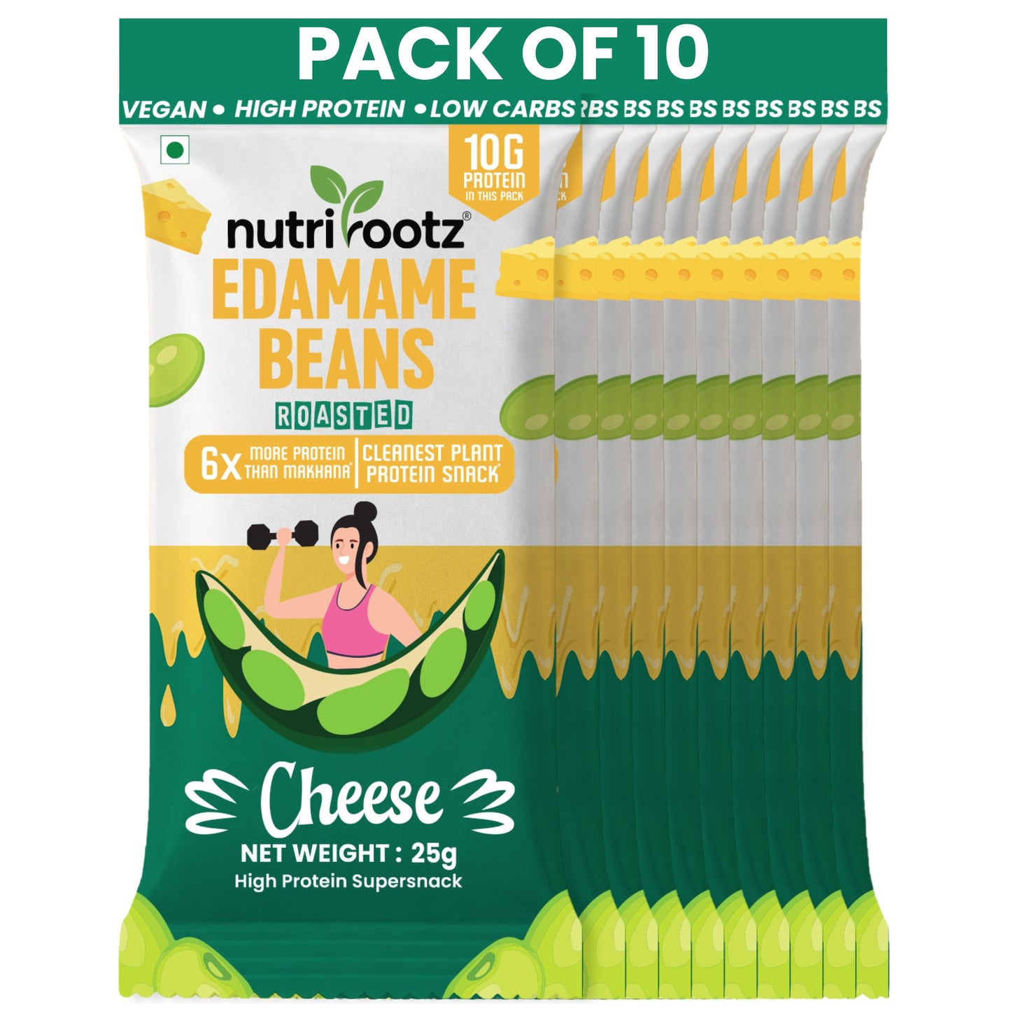 Nutrirootz Roasted Edamame Beans Cheese | 10g Protein per pack 25g | Pack of 5 & 10 | High Protein Snack | Keto, Vegan & Gluten Free