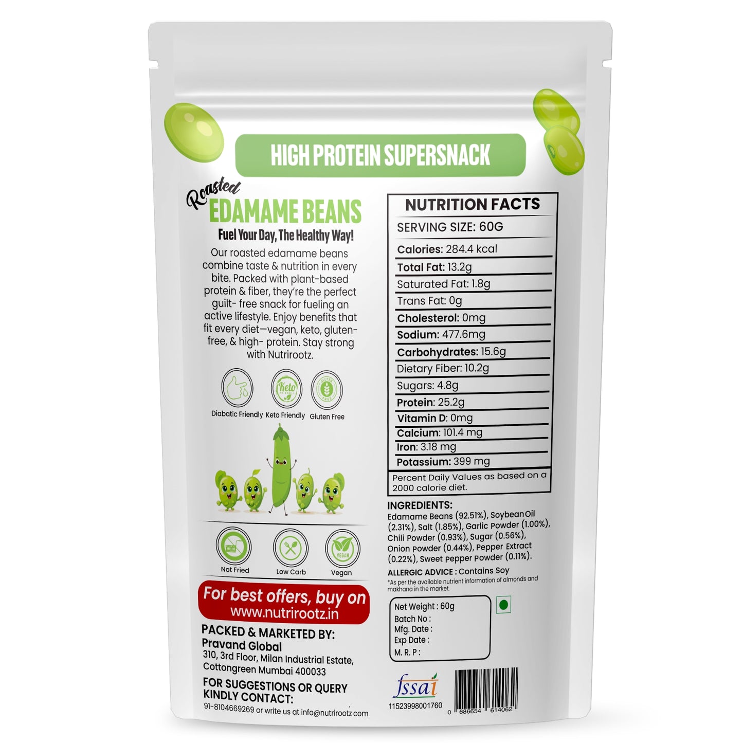 Nutrirootz Roasted Edamame Beans - Peri Peri Flavor | 25g Protein | 60g Pack | High Protein Snack