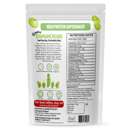 Nutrirootz Roasted Edamame Beans - Peri Peri Flavor | 25g Protein | 60g Pack | High Protein Snack