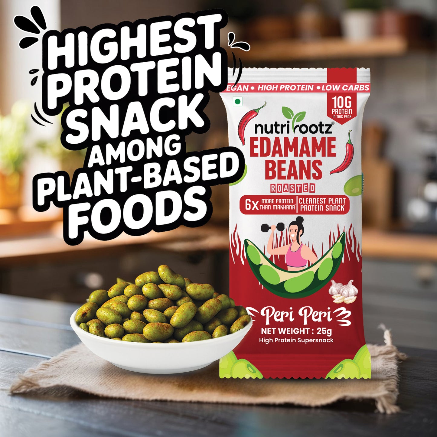 Nutrirootz Roasted Edamame Beans Peri Peri | 10g Protein per pack 25g | High Protein Snack | Keto, Vegan & Gluten Free