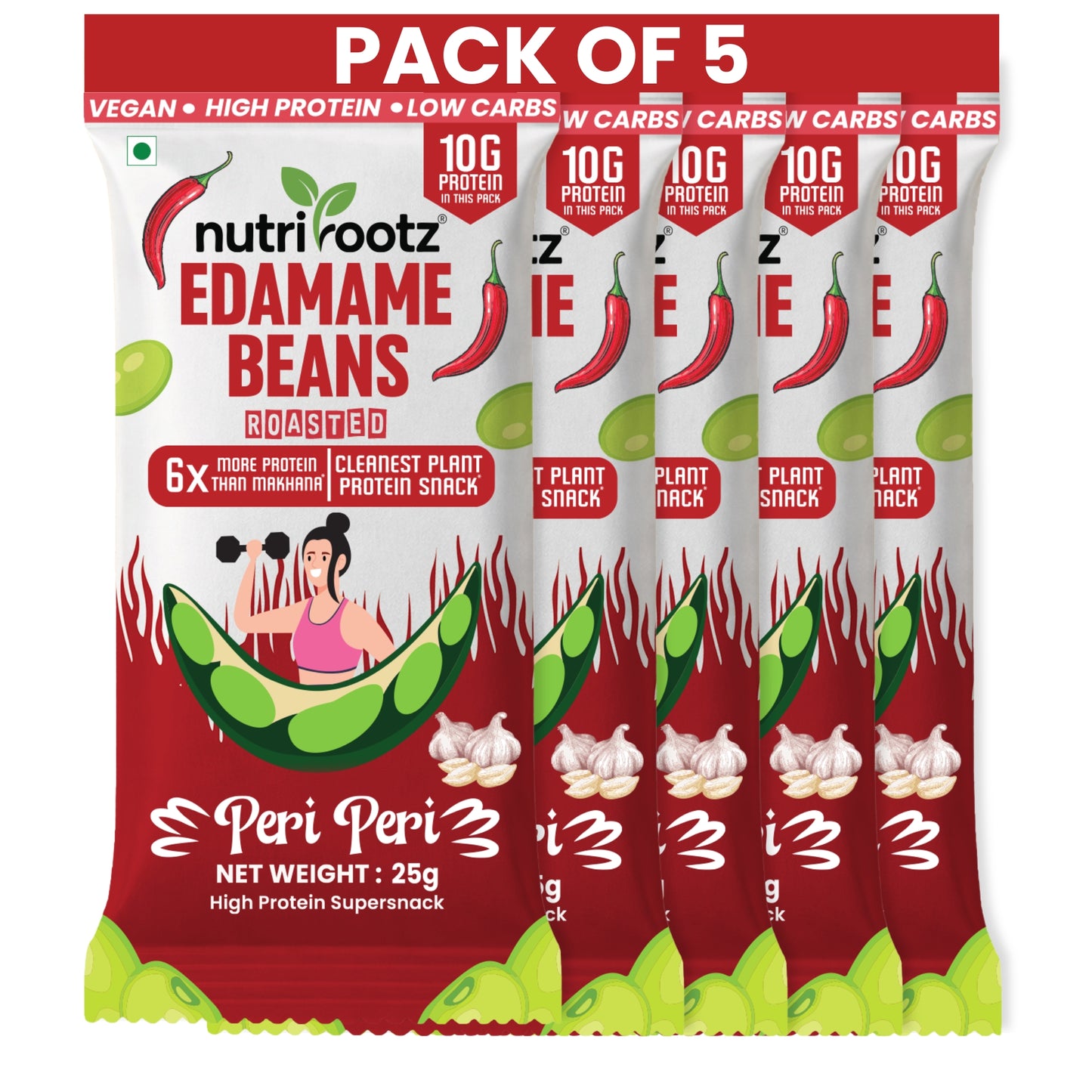 Nutrirootz Roasted Edamame Beans Peri Peri | 10g Protein per pack 25g | High Protein Snack | Keto, Vegan & Gluten Free