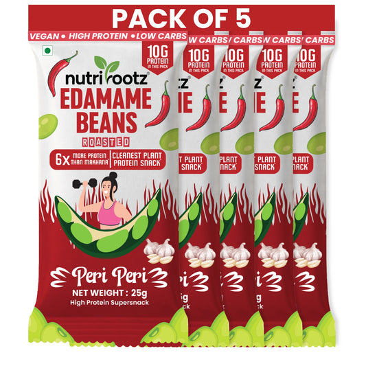 Nutrirootz Roasted Edamame Beans Peri Peri | 10g Protein per pack 25g | Pack of 5 & 10 | High Protein Snack | Keto, Vegan & Gluten Free