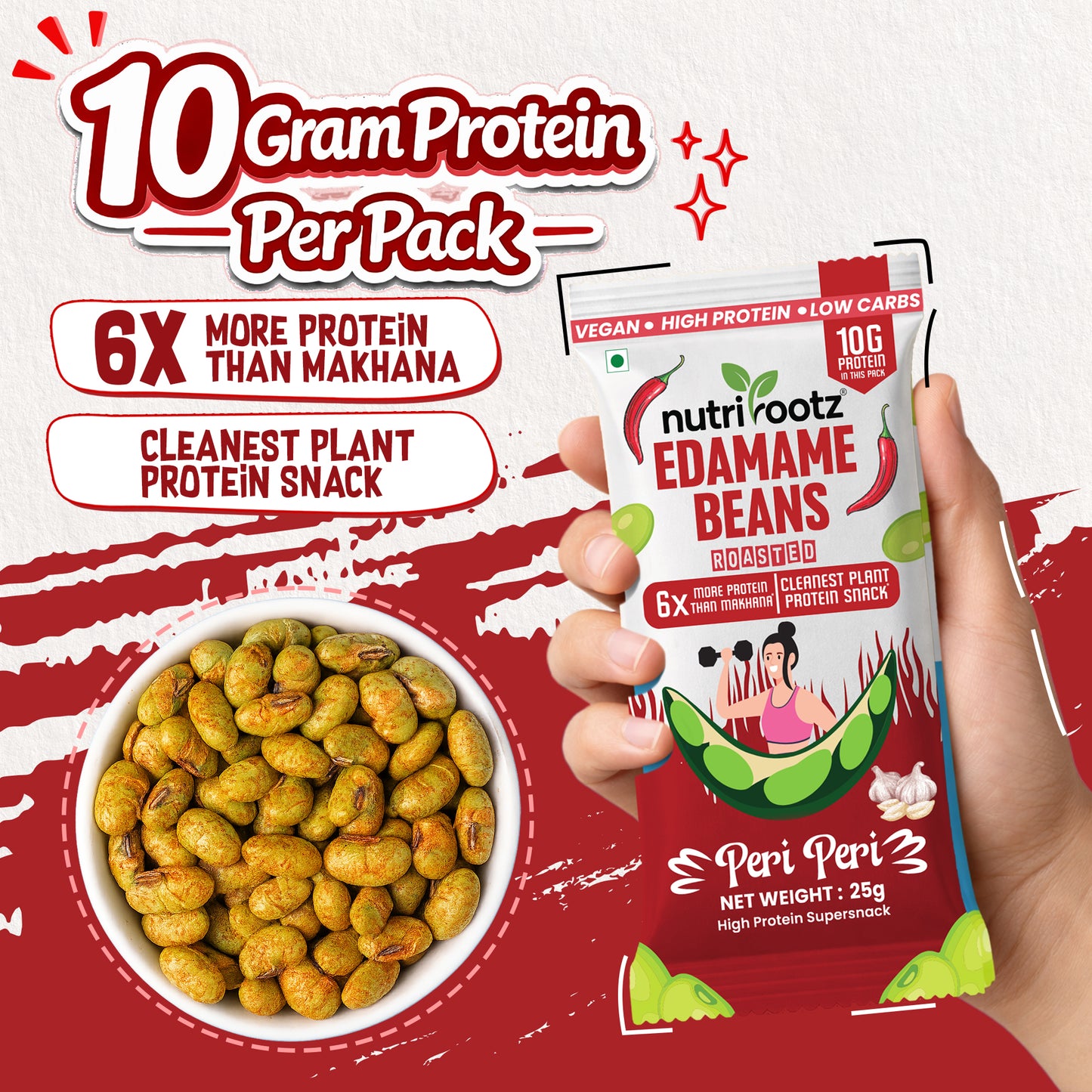 Nutrirootz Roasted Edamame Beans Peri Peri | 10g Protein per pack 25g | High Protein Snack | Keto, Vegan & Gluten Free