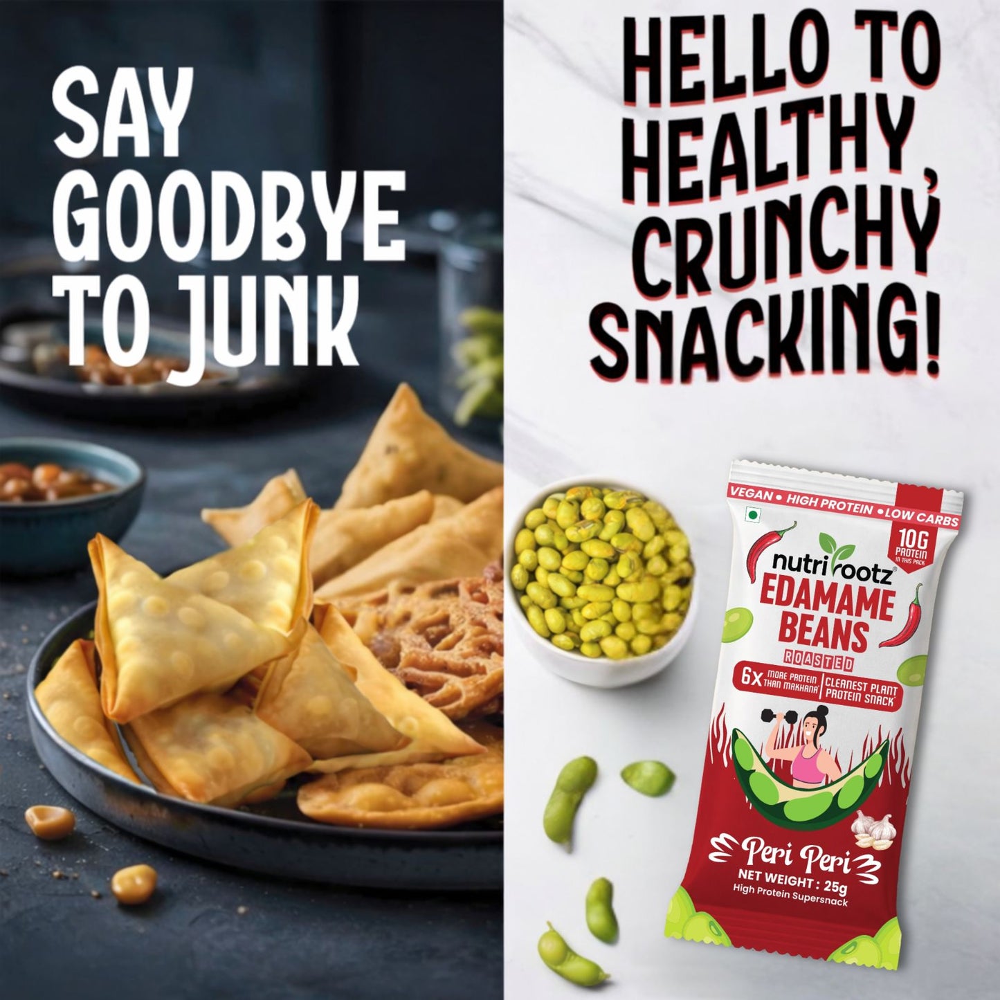 Nutrirootz Roasted Edamame Beans Peri Peri | 10g Protein per pack 25g | High Protein Snack | Keto, Vegan & Gluten Free