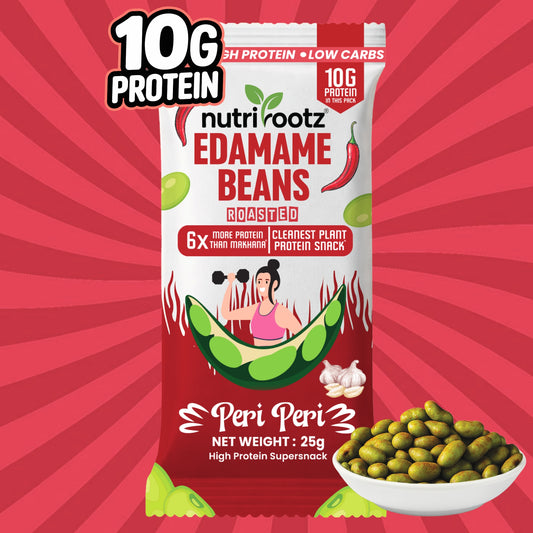 Nutrirootz Roasted Edamame Beans Peri Peri | 10g Protein per pack 25g | High Protein Snack | Keto, Vegan & Gluten Free