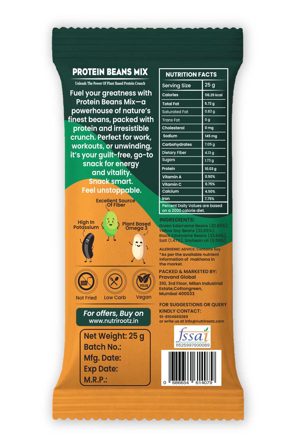 Nutrirootz Protein Beans Mix - Sea Salt | 10g Protein per pack 25g | Pack of 5 & 10 | High Protein Super Snack | Keto Friendly | Gluten Free | Rich in Fiber & Omega-3
