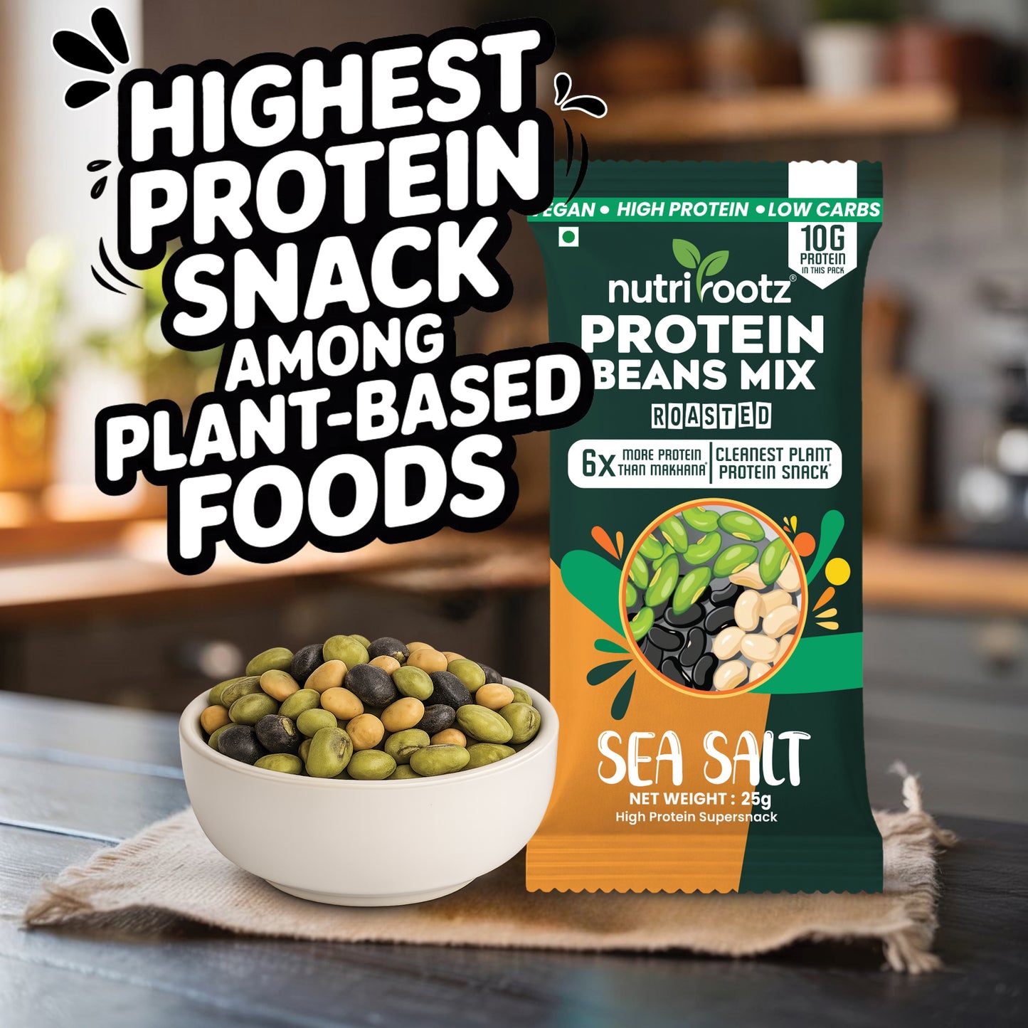 Nutrirootz Protein Beans Mix - Sea Salt | 10g Protein per pack 25g | Pack of 5 & 10 | High Protein Super Snack | Keto Friendly | Gluten Free | Rich in Fiber & Omega-3