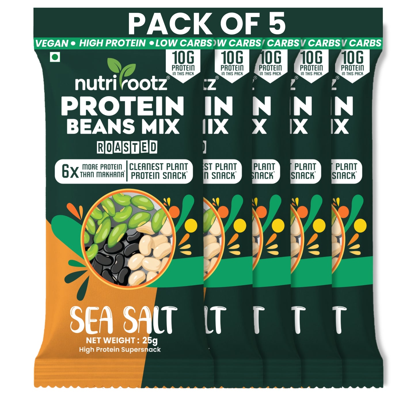 Nutrirootz Protein Beans Mix - Sea Salt | 10g Protein per pack 25g | Pack of 5 & 10 | High Protein Super Snack | Keto Friendly | Gluten Free | Rich in Fiber & Omega-3