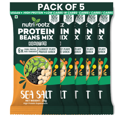Nutrirootz Protein Beans Mix - Sea Salt | 10g Protein per pack 25g | Pack of 5 & 10 | High Protein Super Snack | Keto Friendly | Gluten Free | Rich in Fiber & Omega-3