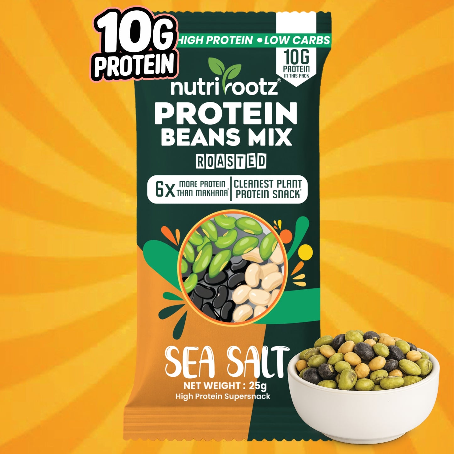 Nutrirootz Protein Beans Mix - Sea Salt | 10g Protein per pack 25g | High Protein Super Snack | Keto Friendly | Gluten Free | Rich in Fiber & Omega-3