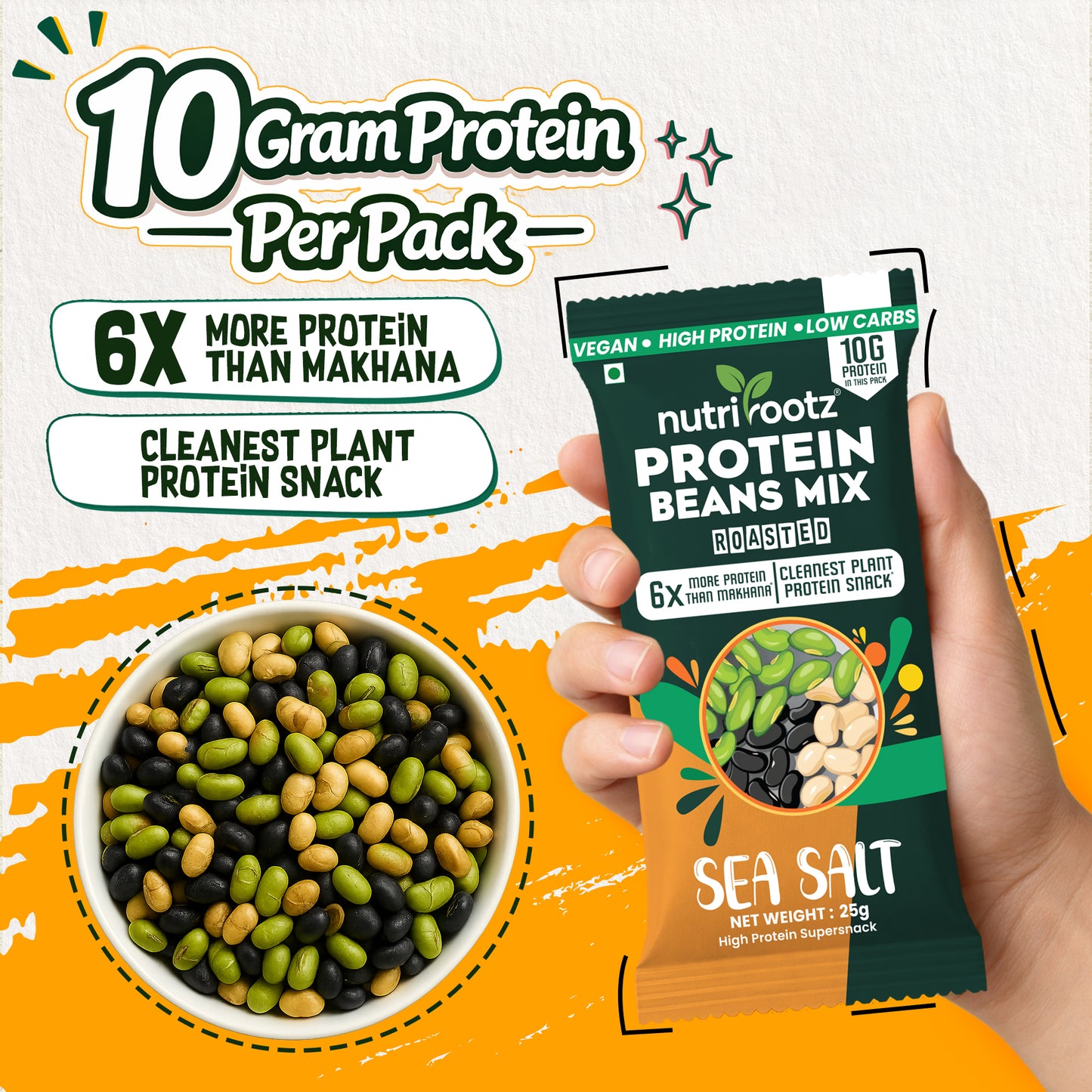 Nutrirootz Protein Beans Mix - Sea Salt | 10g Protein per pack 25g | Pack of 5 & 10 | High Protein Super Snack | Keto Friendly | Gluten Free | Rich in Fiber & Omega-3