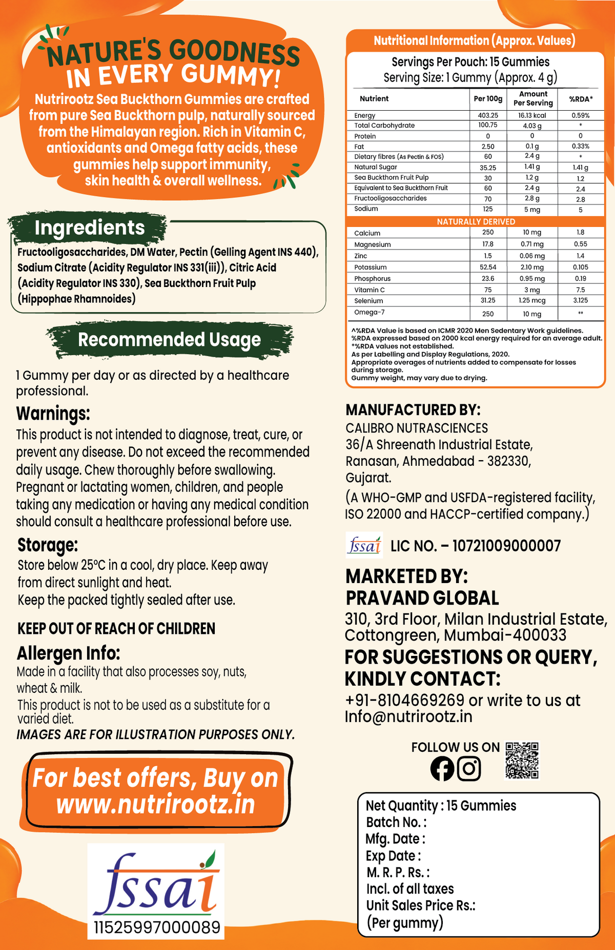 Nutrirootz Himalayan Sea Buckthorn Gummies | Sourced from Ladakh | Rich in Vitamin C & Omega 3, 6, 7 & 9 | Immunity & Skin Health Support (15 Gummies, No Added Sugar)