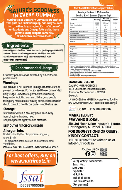 Nutrirootz Himalayan Sea Buckthorn Gummies | Sourced from Ladakh | Rich in Vitamin C & Omega 3, 6, 7 & 9 | Immunity & Skin Health Support (15 Gummies, No Added Sugar)