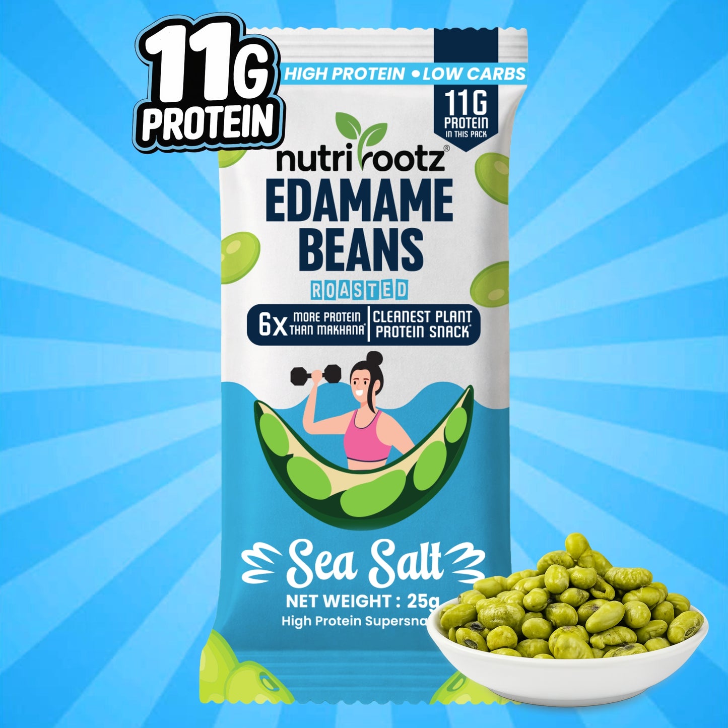 Nutrirootz Roasted Edamame Beans - Sea Salt | 11g Protein per pack 25g | High Protein Snack | Keto, Vegan & Gluten Free